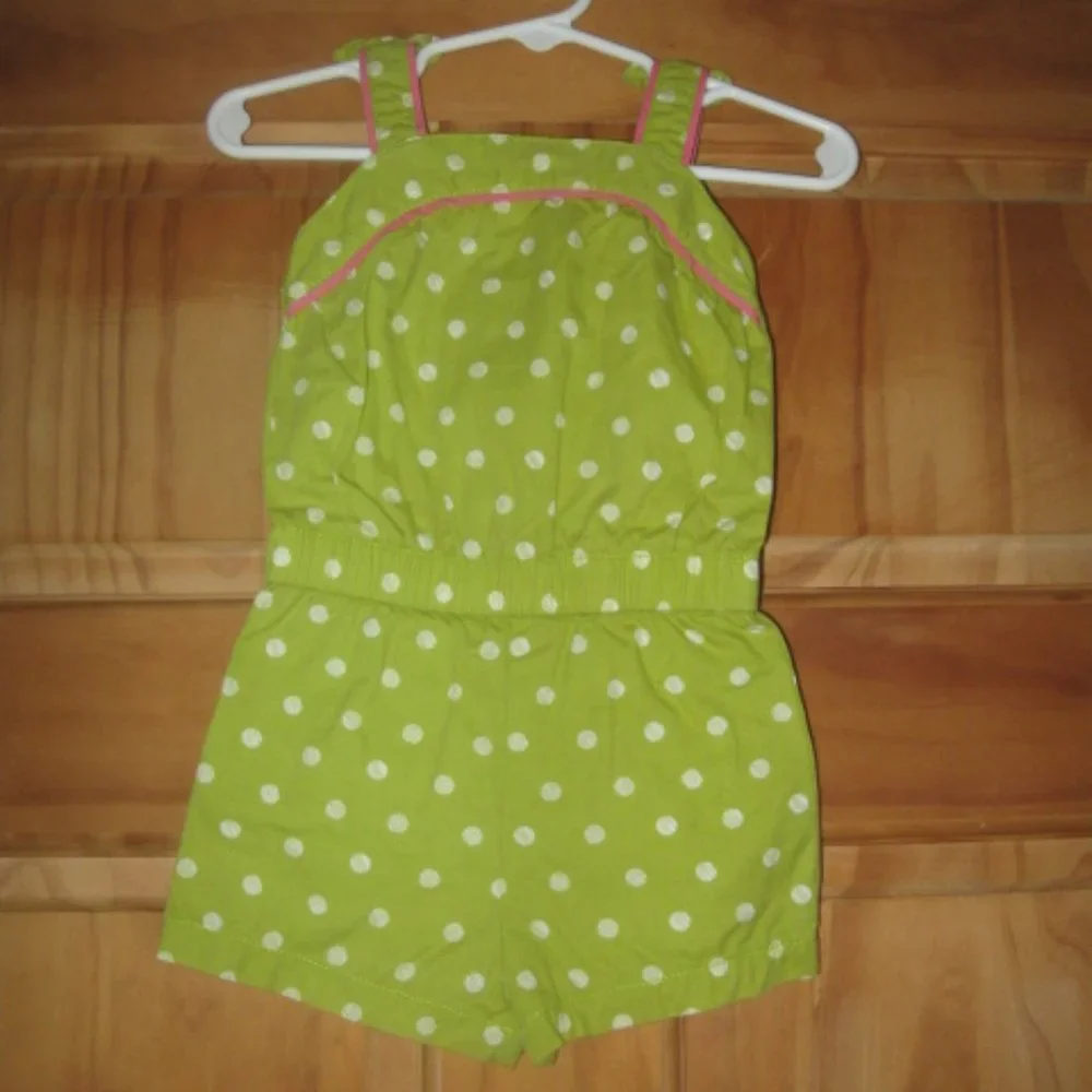 5/$20 Girls Cherokee Green with White Dots Romper